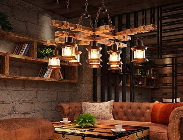 Industrial 8 Lights Wooden Hanging Lighting