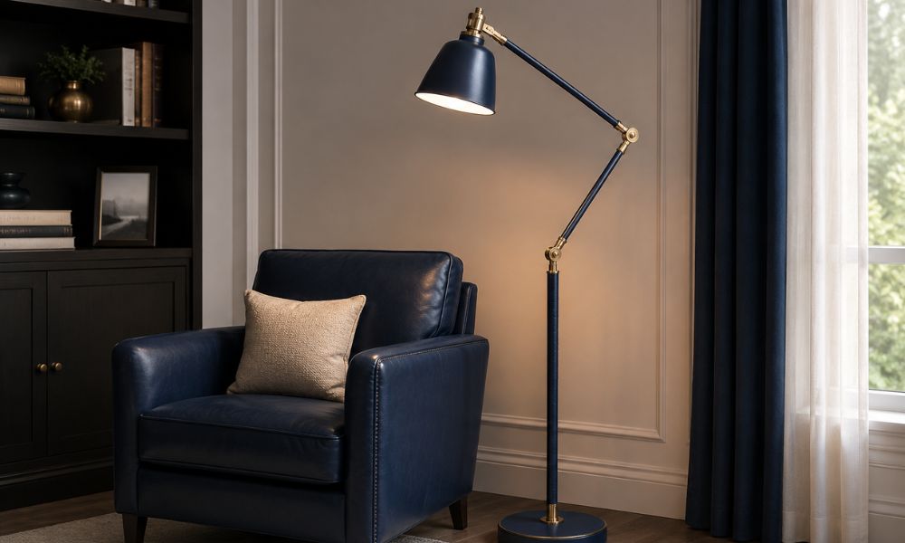 Navy Leather Floor Lamp Adjustable